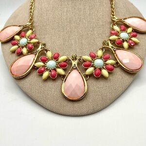 Sweet Colorful Pastel Flower Statement Necklace Plastic and Crystal